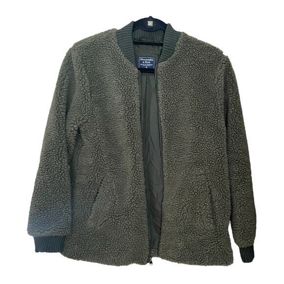 Abercrombie & Fitch Womens XS Sherpa Bomber Jacket Olive Green Zip Front Cozy - Picture 2 of 9